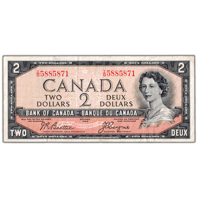 $2 1954 Bank of Canada Note Devil Face I/B Changeover Prefix BC-30b - VF