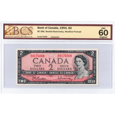 SOLD $2 1954 Bank of Canada Note Beattie-Rasminsky G/U Prefix BC-38b - BCS UNC-60