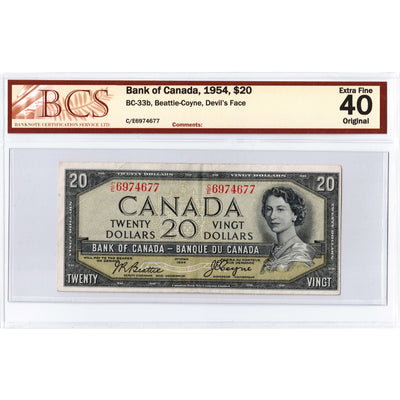 $20 1954 Bank of Canada Note Devil Face C/E Prefix BC-33b - BCS EF-40