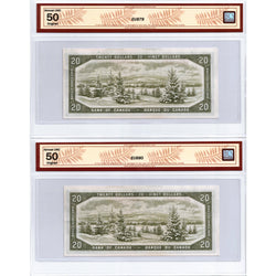 $20 1954 Bank of Canada Notes Devil Face B/E Prefix BC-33a - 2 Consecutive BCS AU-50