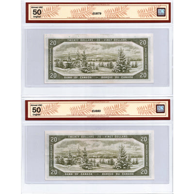$20 1954 Bank of Canada Notes Devil Face B/E Prefix BC-33a - 2 Consecutive BCS AU-50