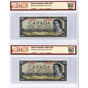 $20 1954 Bank of Canada Notes Devil Face B/E Prefix BC-33a - 2 Consecutive BCS AU-50