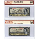 $20 1954 Bank of Canada Notes Devil Face B/E Prefix BC-33a - 2 Consecutive BCS AU-50