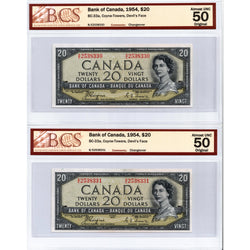 $20 1954 Bank of Canada Notes Devil Face B/E Prefix BC-33a - 2 Consecutive BCS AU-50