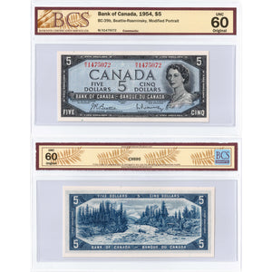 $5 1954 Bank of Canada Note Beattie-Rasminsky M/X Prefix BC-39b - BCS UNC-60