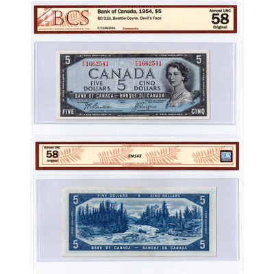 $5 1954 Bank of Canada Note Devil Face F/C Prefix BC-31b - BCS AU-58
