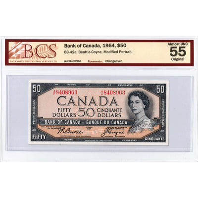 $50 1954 Bank of Canada Note Beattie-Coyne A/H Prefix BC-42a - BCS AU-55