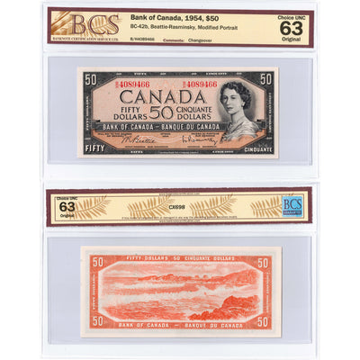 $50 1954 Bank of Canada Note Beattie-Rasminsky B/H Prefix BC-42b - BCS UNC-63