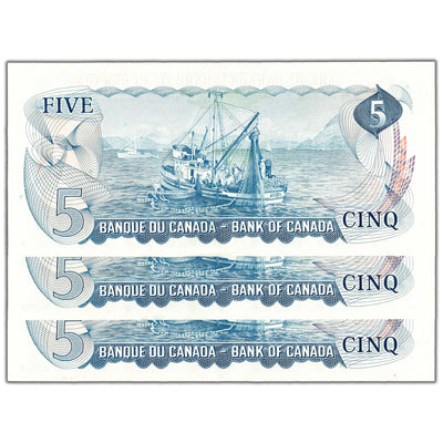 $5 1972 Bank of Canada Notes CA Prefix BC-48a - 3 Consecutive AU-58