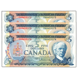 $5 1972 Bank of Canada Notes CA Prefix BC-48a - 3 Consecutive AU-58
