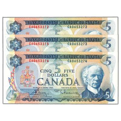 $5 1972 Bank of Canada Notes CA Prefix BC-48a - 3 Consecutive AU-58