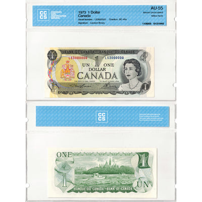 $1 1973 Bank of Canada Note MM Prefix 3 Milllion Serial BC-46a - CCCS AU-55