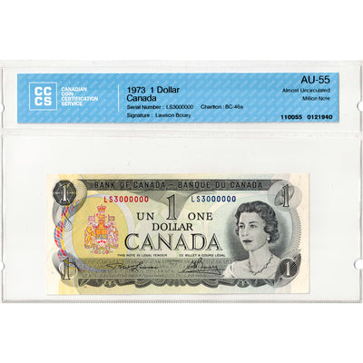 $1 1973 Bank of Canada Note MM Prefix 3 Milllion Serial BC-46a - CCCS AU-55