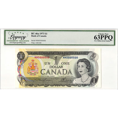 $1 1973 Bank of Canada Note MM Prefix 5 Milllion Serial BC-46a - Legacy UNC-63 PPQ