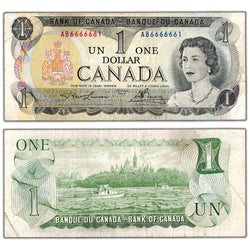 $1 1973 Bank of Canada Note AB Prefix Near Solid Serial 6666661 BC-46a - Circulated