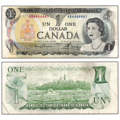 $1 1973 Bank of Canada Note AB Prefix Near Solid Serial 6666661 BC-46a - Circulated