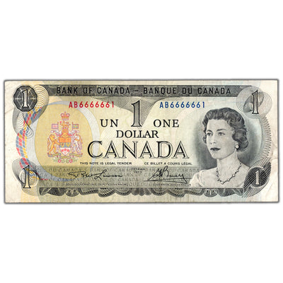 $1 1973 Bank of Canada Note AB Prefix Near Solid Serial 6666661 BC-46a - Circulated