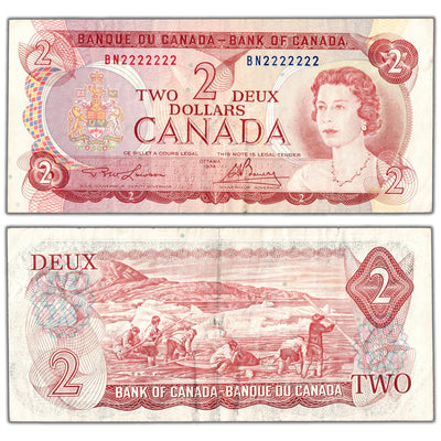 $2 1974 Bank of Canada Note BN Prefix Solid Serial 2222222 BC-47a - VF