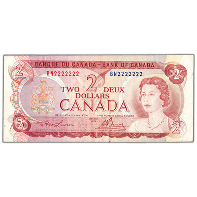 $2 1974 Bank of Canada Note BN Prefix Solid Serial 2222222 BC-47a - VF