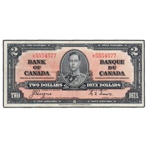 SOLD $2 1937 Bank of Canada Note Coyne-Towers L/R Prefix BC-22c - VF/EF