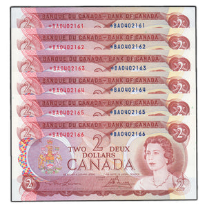 SOLD $2 1974 Bank of Canada Notes *BA Replacement Prefix BC-47aA - 6 Consec AU/UNC