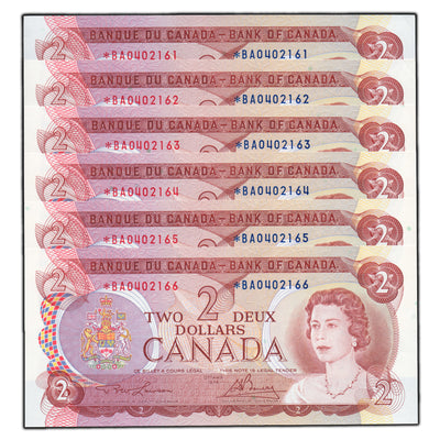 SOLD $2 1974 Bank of Canada Notes *BA Replacement Prefix BC-47aA - 6 Consec AU/UNC