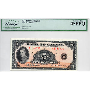SOLD $5 1935 Bank of Canada Note English Text BC-5 - Legacy EF-45 PPQ