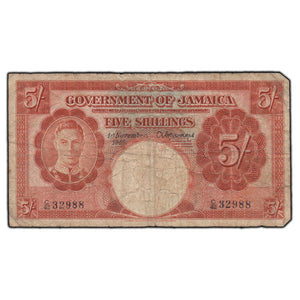 SOLD Jamaica 1940 5 Five Shillings Note P #37a
