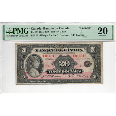 SOLD $20 1935 Banque du Canada French Text Note BC-10 - PMG VF-20