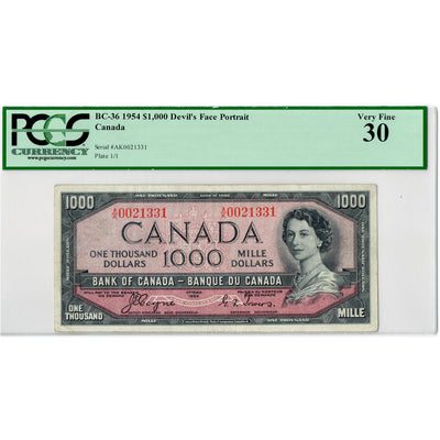 SOLD $1000 1954 Bank of Canada Devil Face Note BC-36 - PCGS VF-30
