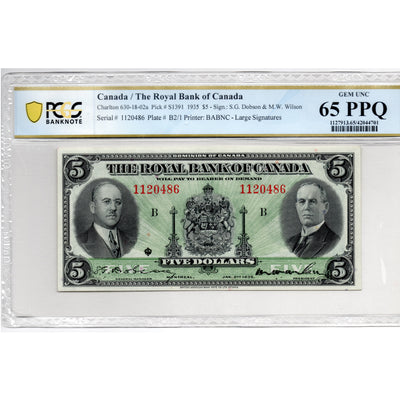 SOLD $5 1935 Royal Bank of Canada Chartered Note CH #630-18-02a - PCGS UNC-65 PPQ