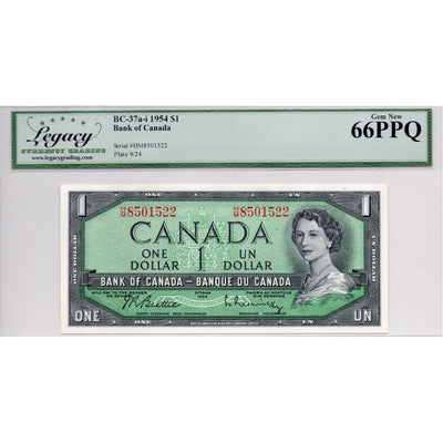 SOLD $1 1954 Bank of Canada Note H/M Changeover BC-37b-i - Legacy Gem UNC-66 PPQ