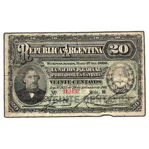 SOLD Argentina 1891 20 Centavos Note