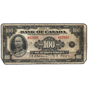 SOLD $100 1935 Bank of Canada Note English Text BC-15 - Damaged/Missing Corners