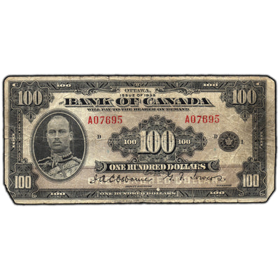 SOLD $100 1935 Bank of Canada Note English Text BC-15 - Damaged/Missing Corners