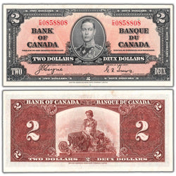 Composite view showing the front and back of an ungraded 1937 Bank of Canada $2 banknote (Coyne-Towers signatures, C/R prefix, BC-22c, Grade AU, Serial/SKU: C/R 0858808).