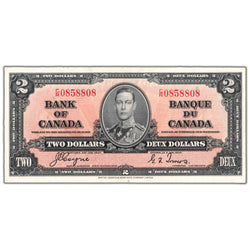 Front of an ungraded 1937 Bank of Canada $2 banknote (Coyne-Towers signatures, C/R prefix, BC-22c, Grade AU, Serial/SKU: C/R 0858808), featuring a portrait of King George VI in center, bilingual English/French text, terra-cotta border, and serial number C/R 0858808.