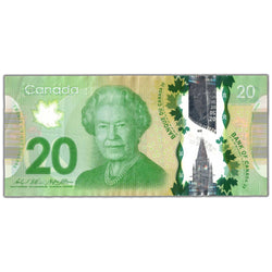 Front of an ungraded polymer 2012 Bank of Canada $20 banknote (Frontier Series, Low Serial #65, BC-68a, Grade VF, Serial/SKU: FYT0000065), featuring portrait of Queen Elizabeth II, large clear window with holographic portrait and Peace Tower, green device, and low serial number FYT0000065