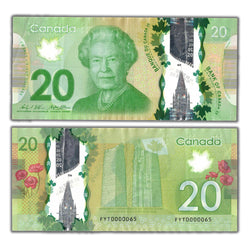 Composite view showing the front and back of an ungraded polymer 2012 Bank of Canada $20 banknote (Frontier Series, Low Serial #65, BC-68a, Grade VF, Serial/SKU: FYT0000065).