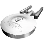 A side-profile view of the 2017 Canadian 100-dollar Star Trek Enterprise shaped silver coin, showcasing its unique dimensional thickness. Struck from 10 ounces of pure silver by the Royal Canadian Mint, this view highlights the plain, smooth coin edge and illustrates how the warp nacelles, secondary hull, and saucer section are engineered out of a single piece of silver metal.