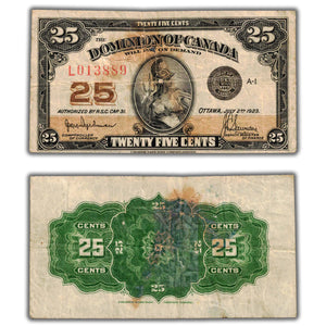 SOLD 25 Cents 1923 Dominion of Canada Shinplaster Note DC-24a - Damaged