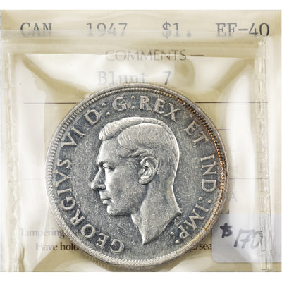 SOLD Canada 1947 Blunt 7 $1 Silver Dollar Coin - ICCS EF-40