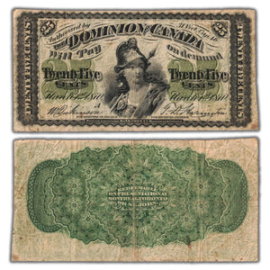 25 Cents 1870 Dominion of Canada Note Shinplaster Letter 'A' DC-1a - F/VF (pinholes)