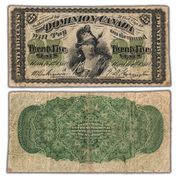 Composite view showing the front and back of an ungraded 1870 Dominion of Canada 25 Cents shinplaster note (Letter 'A', DC-1a, Grade F/VF pinholes, Serial/SKU: SHIN00712).