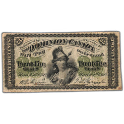 Front of an ungraded 1870 Dominion of Canada 25 Cents shinplaster note (Letter 'A', DC-1a, Grade F/VF pinholes, Serial/SKU: SHIN00712), featuring Britannia seated with shield and trident, check letter 'A', and serial number SHIN00712