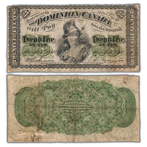 25 Cents 1870 Dominion of Canada Note Shinplaster Letter 'B' DC-1b - Fine (pinholes)