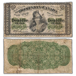Composite view showing the front and back of an ungraded 1870 Dominion of Canada 25 Cents shinplaster note (Letter 'B', DC-1b, Grade Fine pinholes, Serial/SKU: SHIN9932).