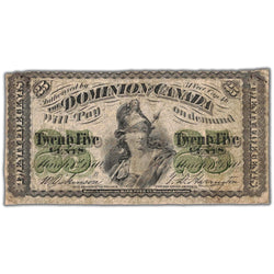 Front of an ungraded 1870 Dominion of Canada 25 Cents shinplaster note (Letter 'B', DC-1b, Grade Fine pinholes, Serial/SKU: SHIN9932), featuring Britannia seated with shield and trident, check letter 'B', and serial number SHIN9932.
