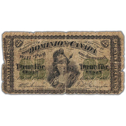 Front of an ungraded 1870 Dominion of Canada 25 Cents shinplaster note (Letter 'B', DC-1b, Pinholes/Minor Tears, Serial/SKU: SHIN5532), featuring Britannia seated with shield and trident, check letter 'B', and serial number SHIN5532.