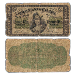 Composite view showing the front and back of an ungraded 1870 Dominion of Canada 25 Cents shinplaster note (Letter 'B', DC-1b, Pinholes/Minor Tears, Serial/SKU: SHIN5532).